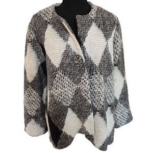 Aris A Womens Diamond Button Front Wool Blend Cardigan Jacket Black White XL